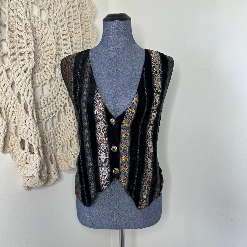 Vintage Black Multicolor Striped Button Front Vest